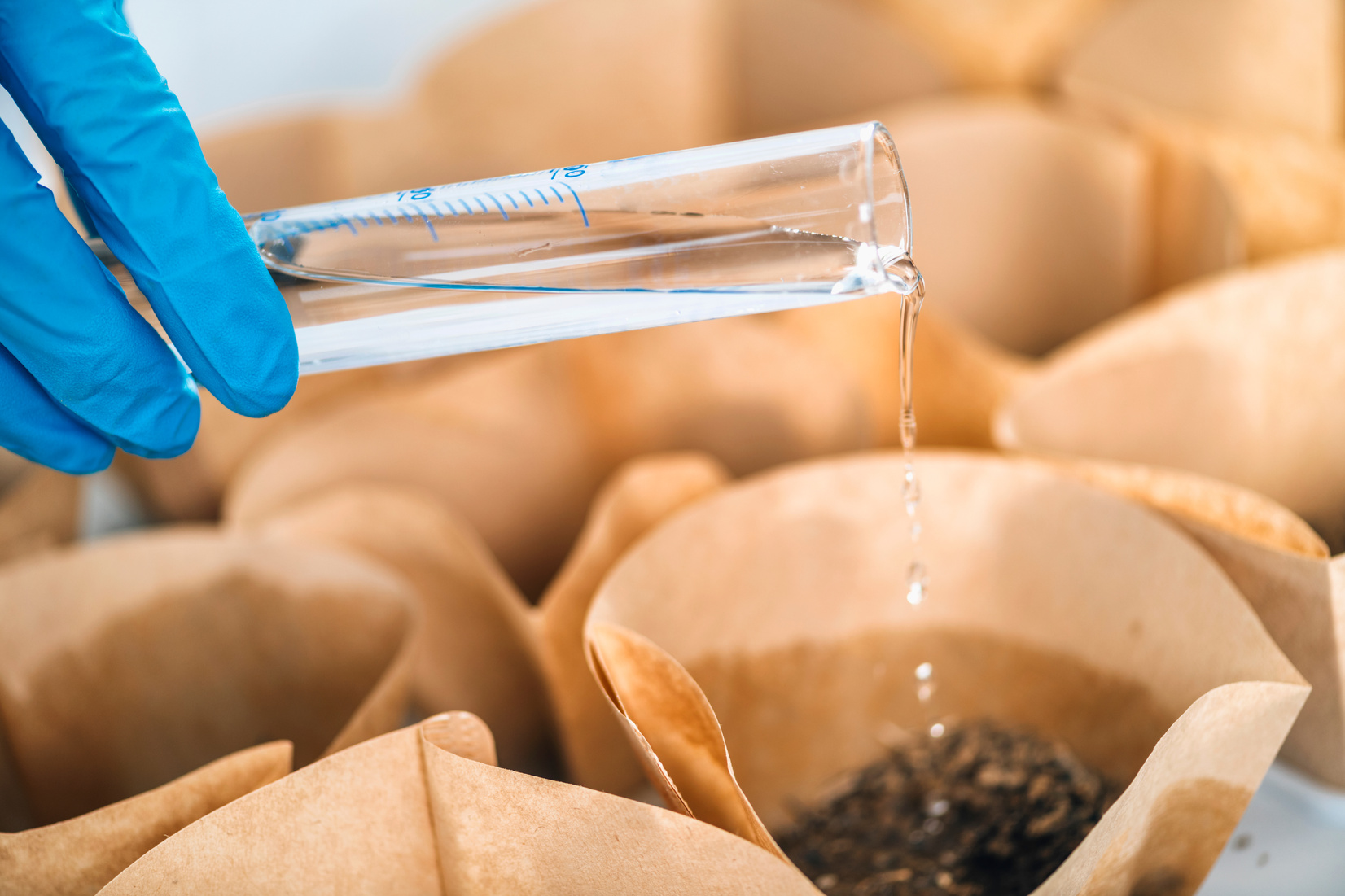 Soil Testing. Biologist Pouring Water Into Containers With Soil Samples